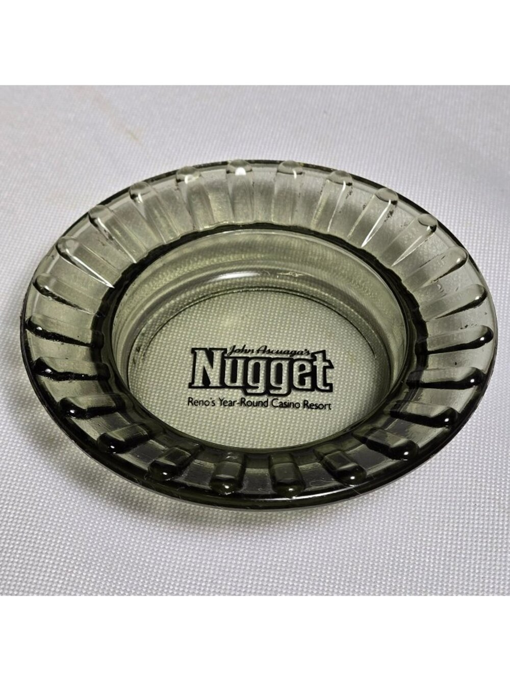 Vintage John Ascuagas Nugget Reno Casino Glass Ashtray Smoky Gray 4.5" Ash Tray
